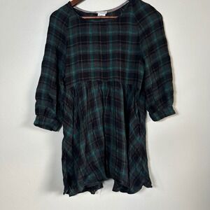 Cooperative Plaid Babydoll Mini Dress Womens XS Green Black 3/4 Sleeve Empire